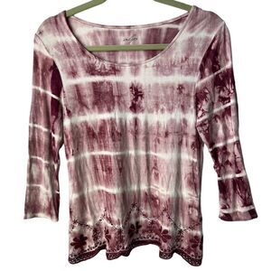 ALYA Tie Dye 3/4 Sleeve Flowy Top Embroidered Flowers Maroon/ Pink Size Small